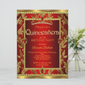 Quinceanera 15 Birthday Red Ruby Jewel Tiara Gold Invitation (Standing Front)