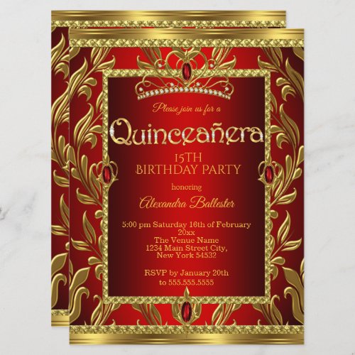 Quinceanera 15 Birthday Red Ruby Jewel Tiara Gold Invitation