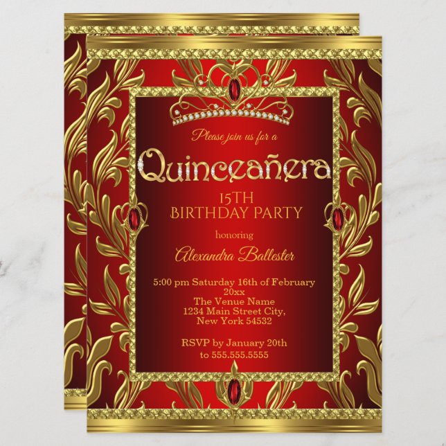 Quinceanera 15 Birthday Red Ruby Jewel Tiara Gold Invitation (Front/Back)