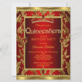 Quinceanera 15 Birthday Red Ruby Jewel Tiara Gold Invitation (Front)