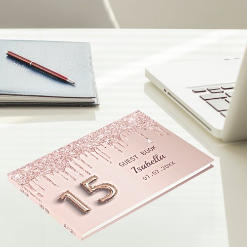 Quinceanera 15 birthday rose gold glitter pink guest book