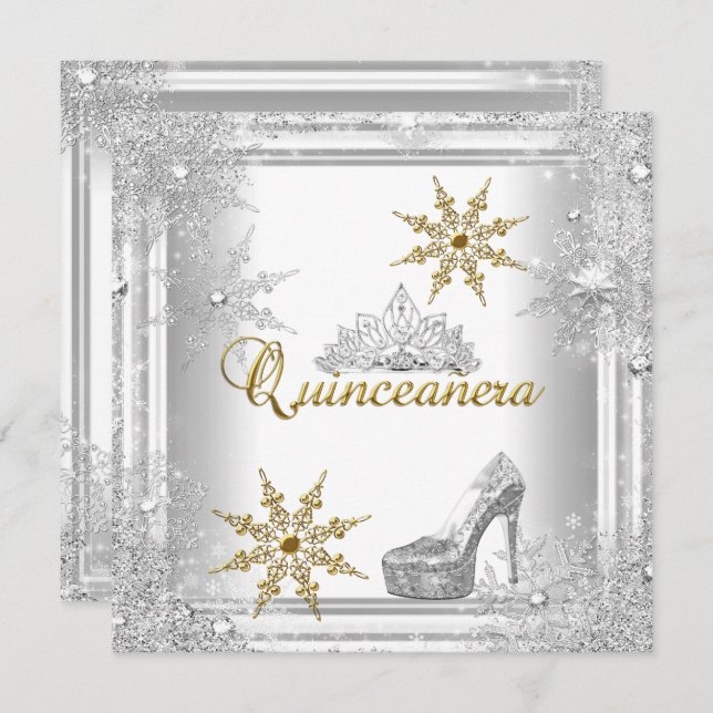 Quinceanera 15 Birthday Silver White Gold Elite Invitation (Front/Back)