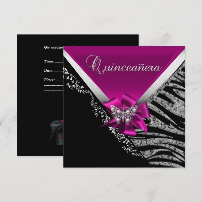 Quinceanera 15  Birthday Zebra Pink Black Silver Invitation (Front/Back)