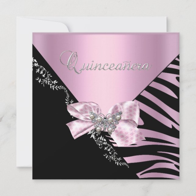 Quinceanera 15  Birthday Zebra Pink Black Silver Invitation (Front)
