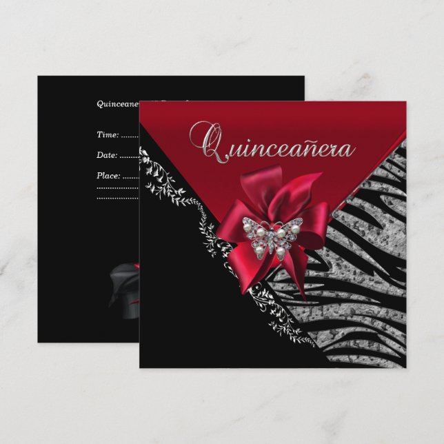 Quinceanera 15  Birthday Zebra Red Black Silver Invitation (Front/Back)