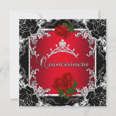 Quinceañera 15 Black Silver Tiara Red Rose Floral Invitation (Front)
