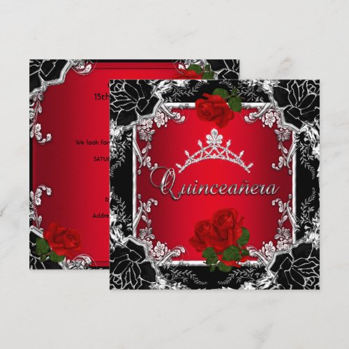 Quinceañera 15 Black Silver Tiara Red Rose Floral Personalized Invites