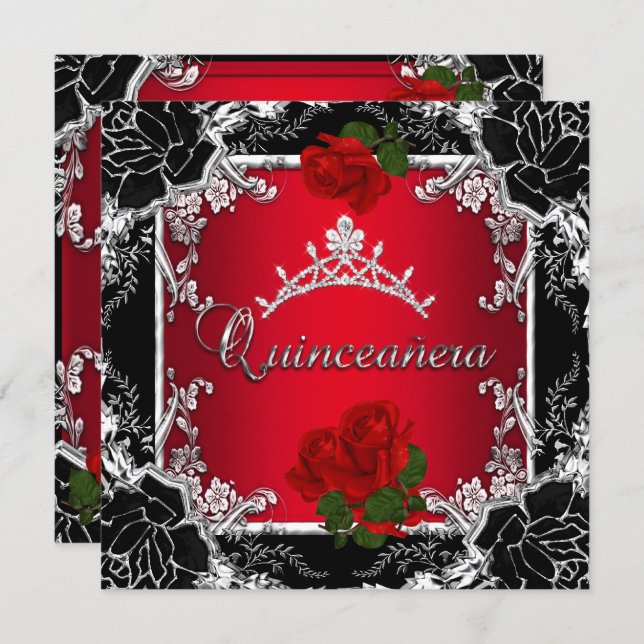 Quinceañera 15 Black Silver Tiara Red Rose Floral Invitation (Front/Back)