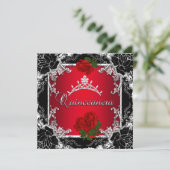 Quinceañera 15 Black Silver Tiara Red Rose Floral Invitation (Standing Front)