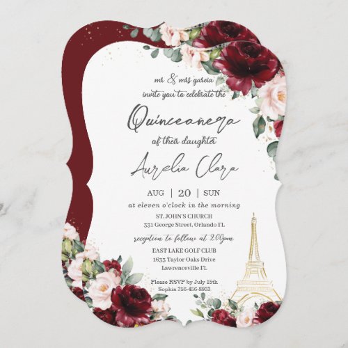 Quinceaera 15 Burgundy Blush Floral Eiffel Paris  Invitation