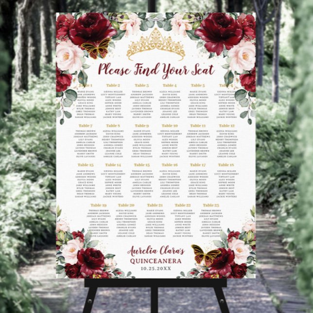 Quinceañera 15 Burgundy Blush Floral Seating Chart Foam Board (Creator Uploaded)