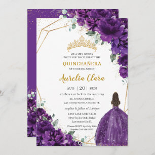 Quinceañera 15 Dark Royal Purple Dress Gold Floral Invitation
