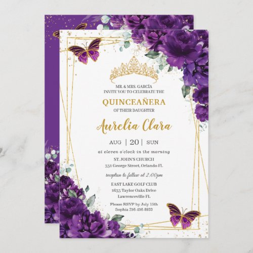Quincea&#241;era 15 Dark Royal Purple Floral Butterfly Invitation