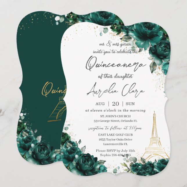 Quinceañera 15 Emerald Green Floral Eiffel Paris Invitation (Front/Back)