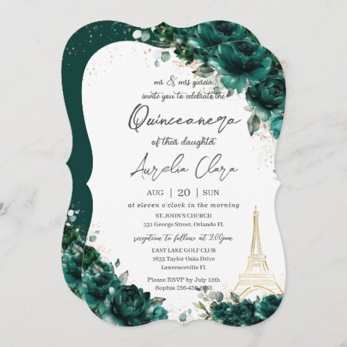 Quinceaera 15 Emerald Green Floral Eiffel Paris Invitation
