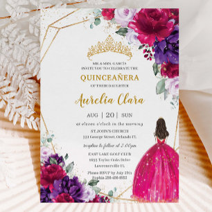 Quinceañera 15 Fuchsia Dress Purple Lilac Floral Invitation