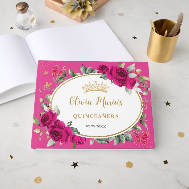  Quinceanera 15 Fuchsia Pink Floral Butterfly Gold Guest Book (Front Open)