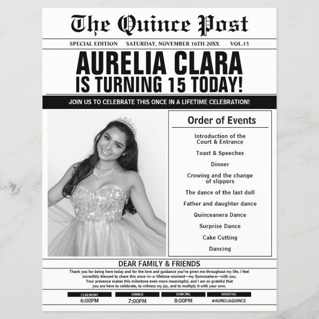 Quinceañera 15 Newspaper Program Order of Events Flyer (Front)