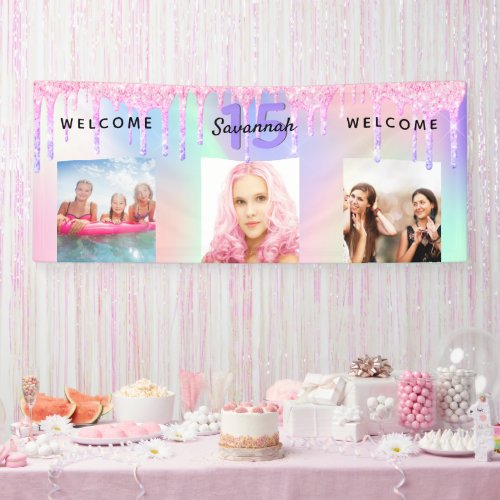 Quinceanera 15 pink glitter drips holographic phot banner