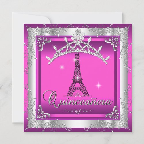 Quinceanera 15 Pink Silver Tiara Eiffel Tower Invitation