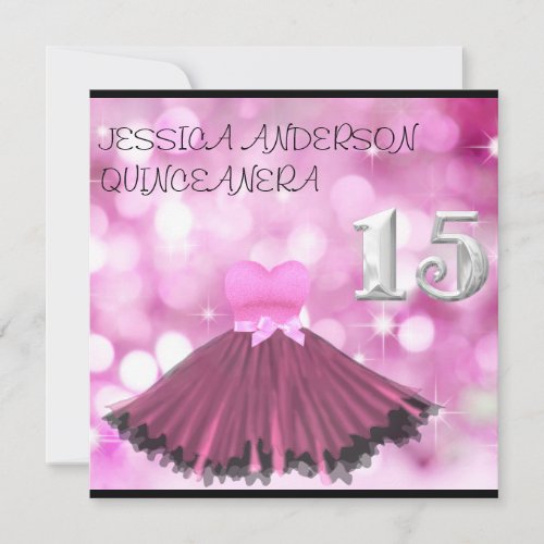 QUINCEANERA 15 Silver Black Pink Dress Bubble Personalized Invites