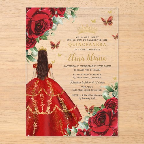 Quincea&#241;era 15 Sweet 16 Red Roses Flowers Floral Acrylic Invitations