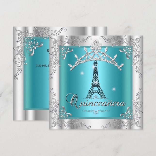 Quinceanera 15 Teal Blue Silver Tiara Eiffel Tower Invitation (Front/Back)