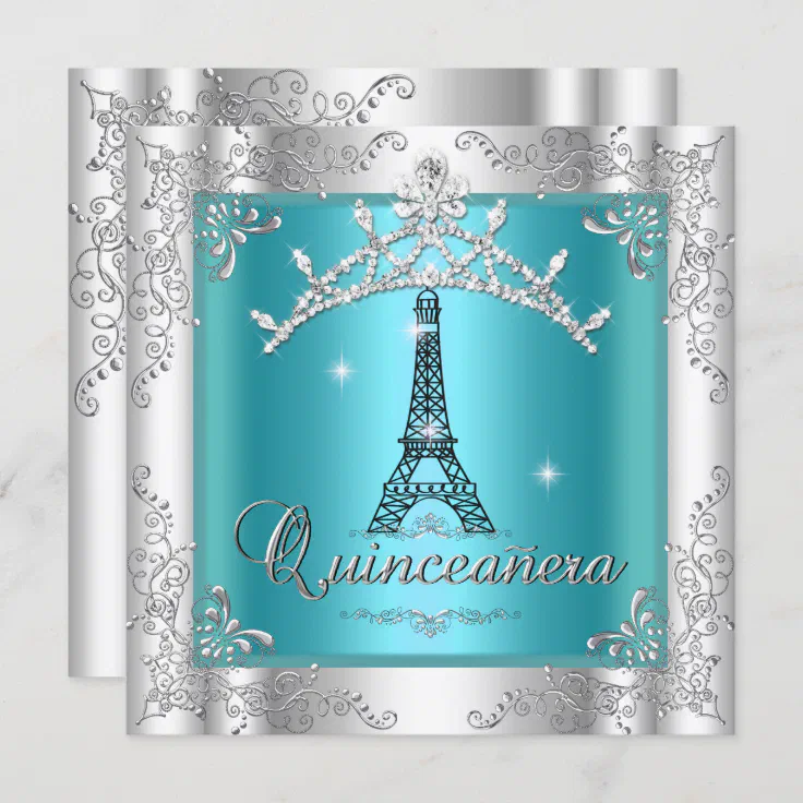 Quinceanera 15 Teal Blue Silver Tiara Eiffel Tower Invitation Zazzle