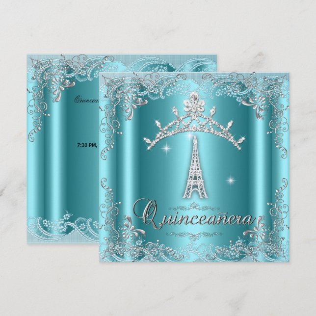 Quinceanera 15 Teal Blue Silver Tiara Eiffel Tower Invitation (Front/Back)