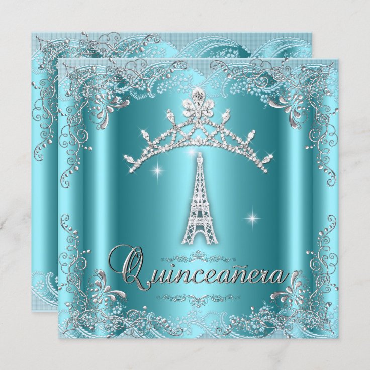 Quinceanera 15 Teal Blue Silver Tiara Eiffel Tower Invitation Zazzle
