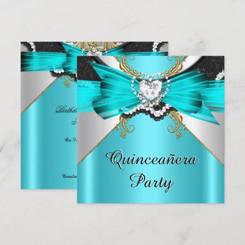 Quinceanera 15 Teal Gold Lace Jewelled Party Personalized Invites