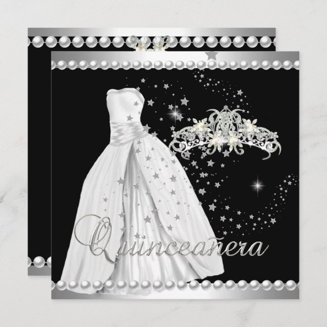 Quinceanera 15 Tiara Gown Black Silver White Invitation (Front/Back)