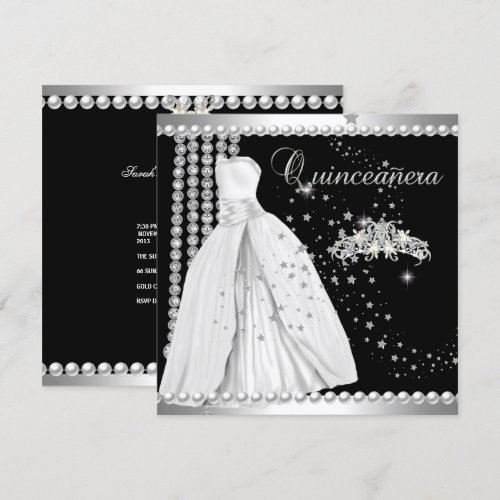 Quinceanera 15 Tiara Gown Black Silver White Personalized Invitations