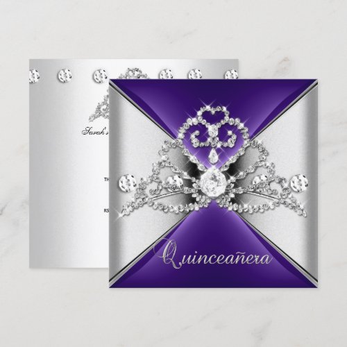 Quinceanera 15 Tiara Purple Silver White Diamond Personalized Invites