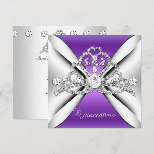Quinceanera 15 Tiara Purple Silver White Invitation (Front/Back)