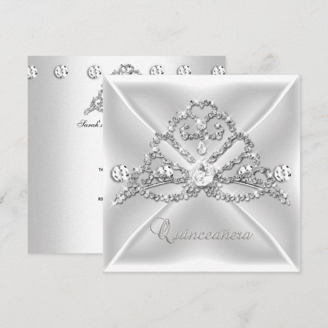 Quinceanera 15 Tiara Silver White Diamond 2 Invitation (Front/Back)