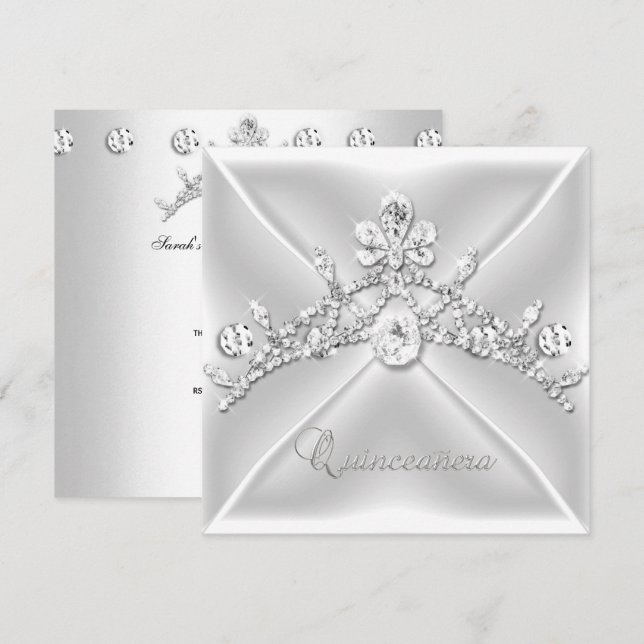 Quinceanera 15 Tiara Silver White Diamond Invitation (Front/Back)