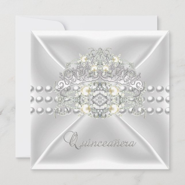 Quinceanera 15 Tiara Silver White Pearl Diamond Invitation (Front)
