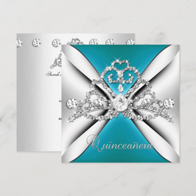 Quinceanera 15 Tiara Teal Blue Silver White Invitation (Front/Back)