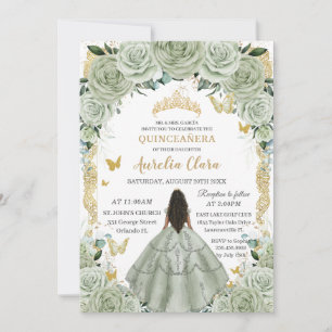 Quinceañera 15 XV Sage Green Floral Vintage Gold Invitation