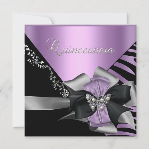 Quinceanera 15  Zebra Lilac Purple Black Silver Invitation