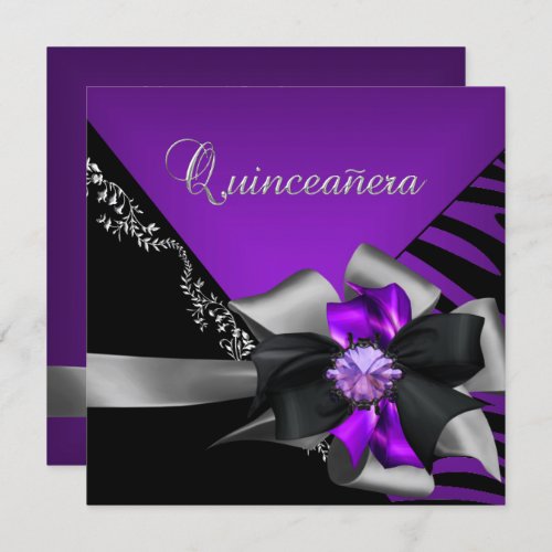 Quinceanera 15 Zebra Purple Black Silver Invitation