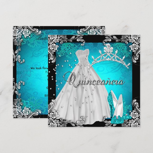 Quinceanera 15th 15 Birthday Teal Dress Shoes Invitation (Front/Back)