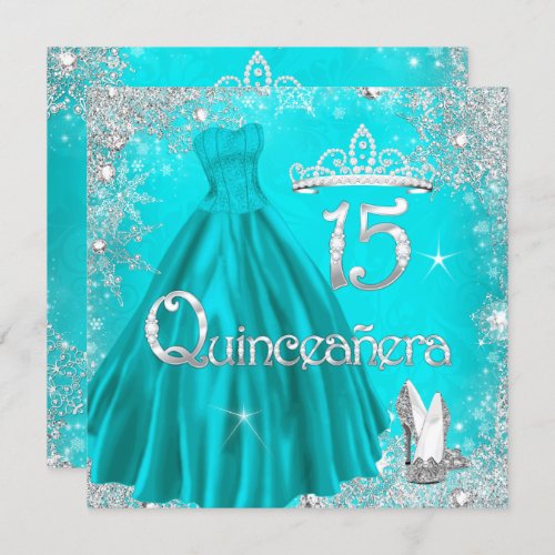 Quinceanera 15th Aqua Silver Snowflakes Party 2 Invitation