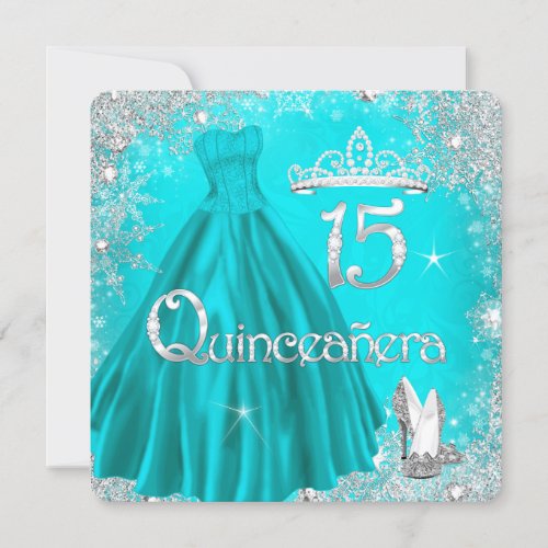Quinceanera 15th Aqua Silver Snowflakes Party 2 Invitation