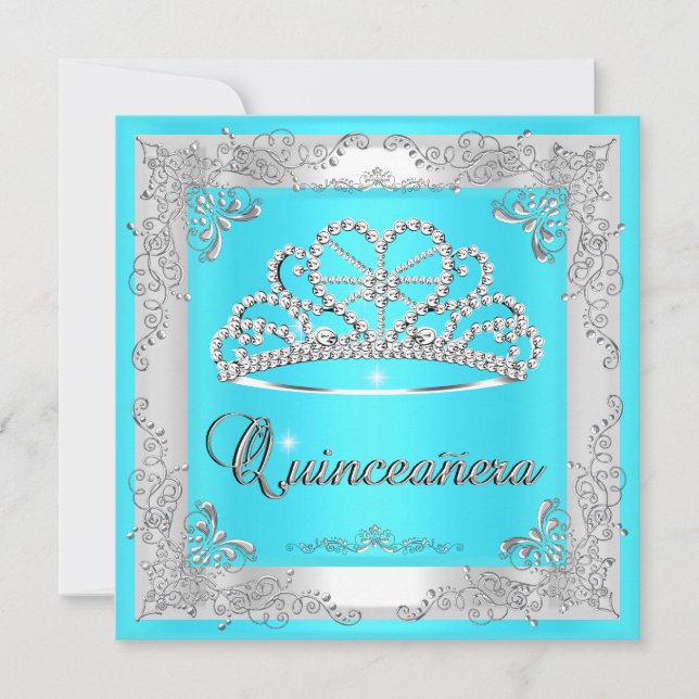 Quinceanera 15th Birthday Aqua Blue Silver Tiara Invitation (Front)