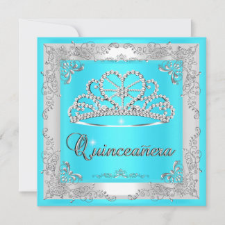 Quinceanera 15th Birthday Aqua Blue Silver Tiara Invitation