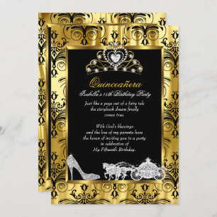 Quinceanera 15th Birthday Black Gold Damask 2 Invitation