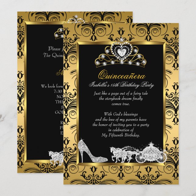 Quinceanera 15th Birthday Black Gold Damask Invitation (Front/Back)