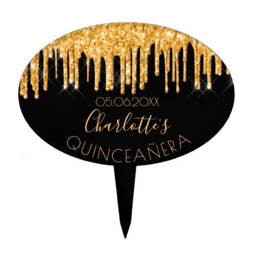 Quinceanera 15th birthday black gold glitter drips cake topper